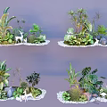 Flower And Plant Decorative Arrangements With Various Greenery Deer Statues Stones And Pebbles