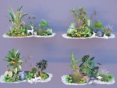 Flower And Plant Decorative Arrangements With Various Greenery Deer Statues Stones And Pebbles 3d model