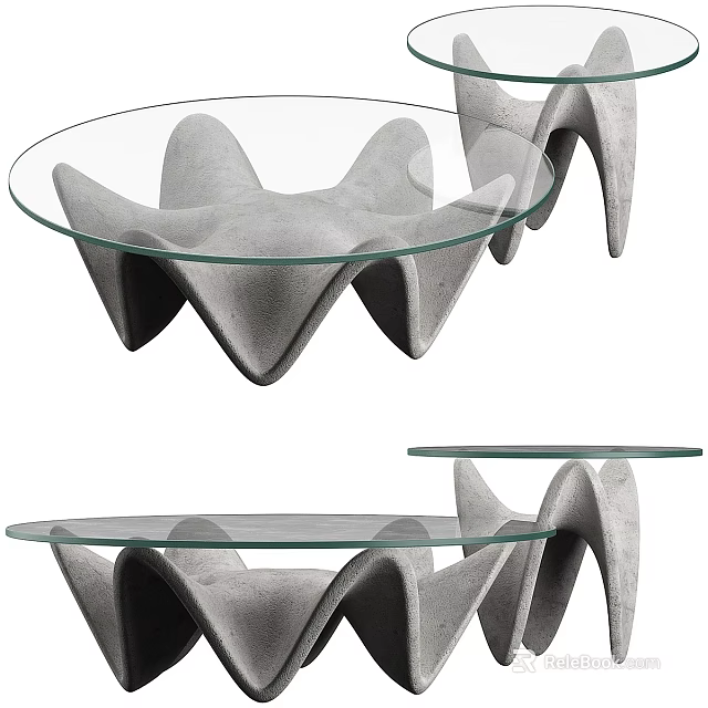 Modern Coffee Table With Glass Top And Abstract Geometric Concrete Base 3d model 