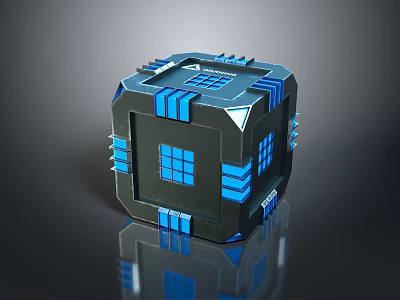 Futuristic Black Tech Cube With Blue Grid Panels And Angular Edges 3d model