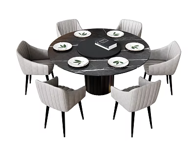 Round Black Marble Dining Set With Six Light Gray Chairs Black Legs White Plates 3d model