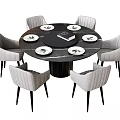 Round Black Marble Dining Set With Six Light Gray Chairs Black Legs White Plates