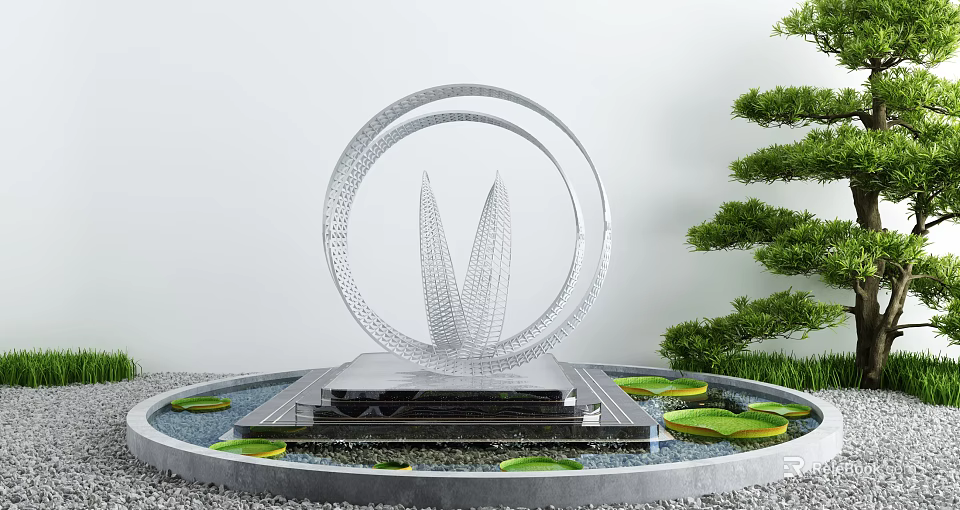 Garden Ornament Metal Sculpture With Circular Design Leaf Structure Lily Pad Pool And Green Trees 3d model 