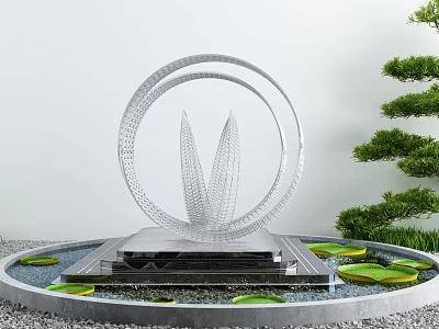 Garden Ornament Metal Sculpture With Circular Design Leaf Structure Lily Pad Pool And Green Trees 3d model