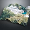 3D Terrain Model Landscape Garden With Mountain Green Vegetation And Blue Lake
