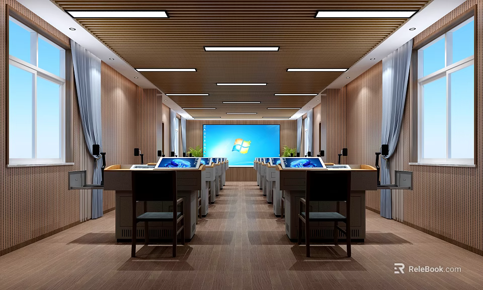 Modern Classroom With Wooden Walls Desks Computers And Large Screen 3d model 