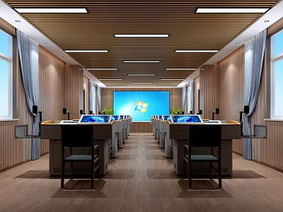 Modern Classroom With Wooden Walls Desks Computers And Large Screen 3d model