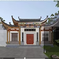 Ancient Chinese Architecture with Curved Roof Overhanging Eaves Wooden Door and Stone Steps