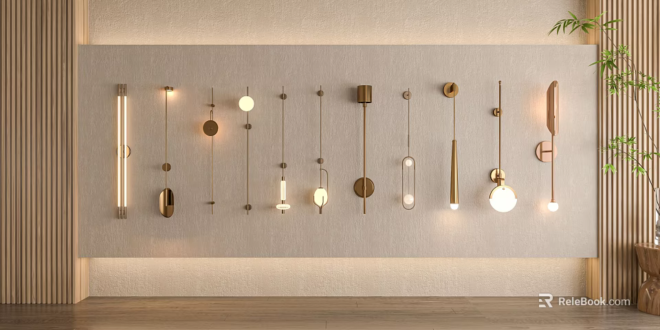Various Modern Wall Lamps With Different Designs Hanging On White Wall 3d model