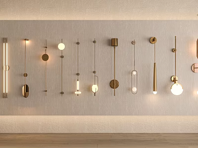 Various Modern Wall Lamps With Different Designs Hanging On White Wall 3d model