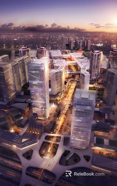 Modern Commercial Complex With High Rise Glass Facades In Urban Center With Streets And Lighting 3d model 
