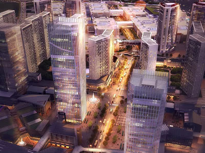 Modern Commercial Complex With High Rise Glass Facades In Urban Center With Streets And Lighting 3d model
