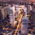 Modern Commercial Complex With High Rise Glass Facades In Urban Center With Streets And Lighting