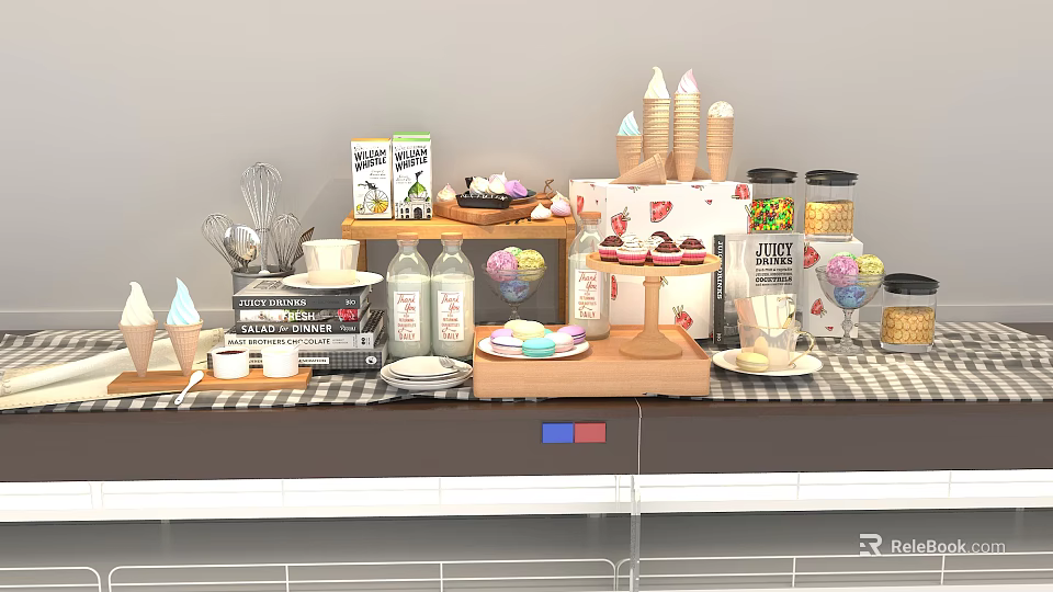 Assorted Delicious Food Display Featuring Ice Cream Cones Cakes Cookies Beverage Bottles and Jars 3d model 
