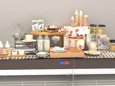 Assorted Delicious Food Display Featuring Ice Cream Cones Cakes Cookies Beverage Bottles and Jars 3d model