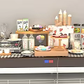 Assorted Delicious Food Display Featuring Ice Cream Cones Cakes Cookies Beverage Bottles and Jars