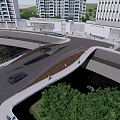 Landscape Bridge Connecting Urban Area With Vehicles Pedestrians And Green Trees