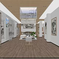 New Chinese Style Exhibition Hall With Calligraphy Paintings Wooden Flooring And Screen