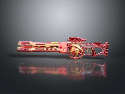 Futuristic Red and Gold Mechanical Weapon With Intricate Patterns Circular Components and Reflective Surface 3d model
