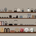 Beautiful Tea Sets Collection Display on Wooden Shelves with Teapots Cups and Storage Boxes
