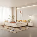 Modern Double Bed with Yellow Pillows and Orange Blanket in Light Bedroom Curtains Plant Decor
