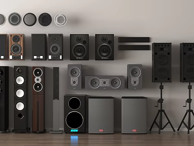 Modern Home Audio Speakers Display With Various Sizes Designs and Styles 3d model