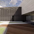 Modern Geometric Building Exterior White Dark Facade Lawn Trees Wooden Deck Water And Cloudy Sky