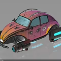 Vintage Beetle Style Car With Pink Orange Gradient Worn Texture Modified Wheels And Glowing Accents