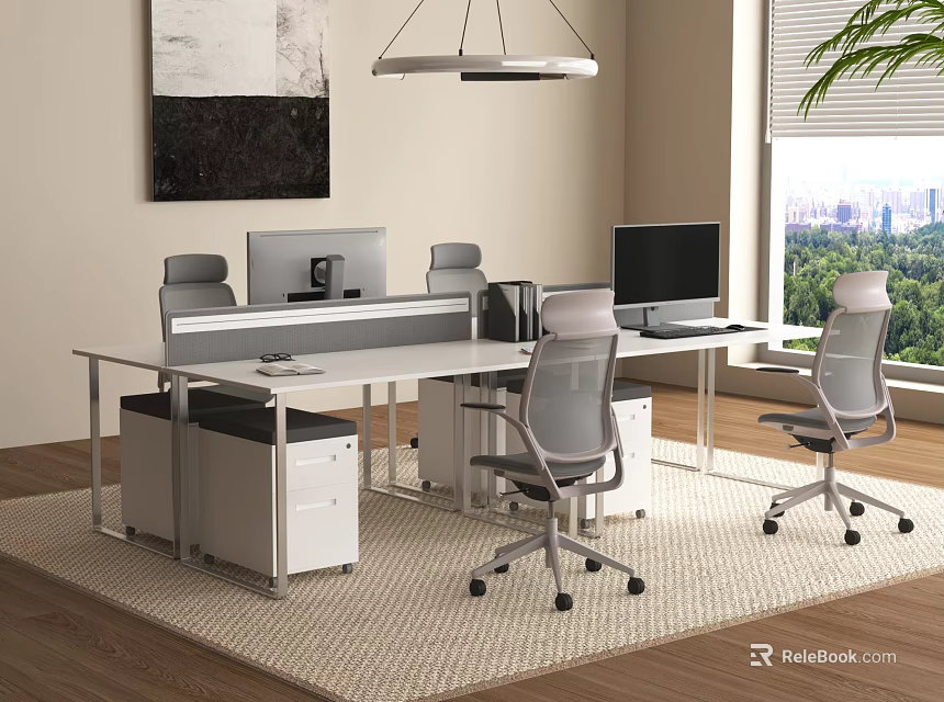 Modern Office Desk Setup With Multiple Workstations Computer Monitors Ergonomic Chairs And Filing Cabinets 3d model