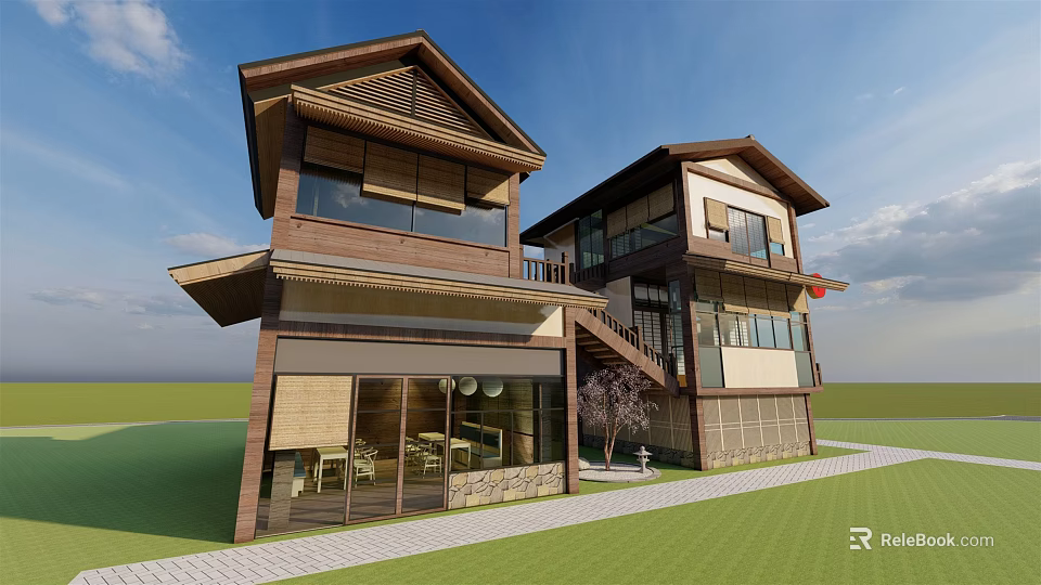 Japanese Style Two Story Guesthouse Building With Wooden Structure Glass Windows Lawn And Stone Path 3d model 
