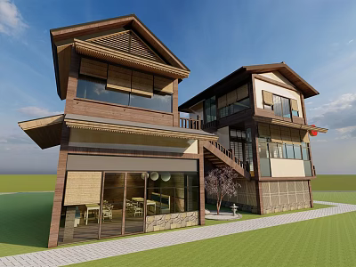 Japanese Style Two Story Guesthouse Building With Wooden Structure Glass Windows Lawn And Stone Path 3d model