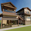 Japanese Style Two Story Guesthouse Building With Wooden Structure Glass Windows Lawn And Stone Path