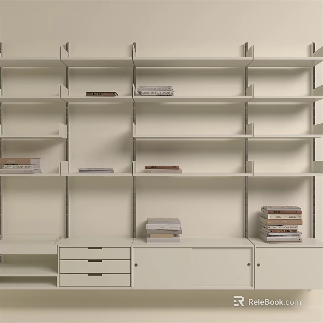 White Modern Shelving Unit With Multiple Shelves Storage Drawers And Stacked Books 3d model 