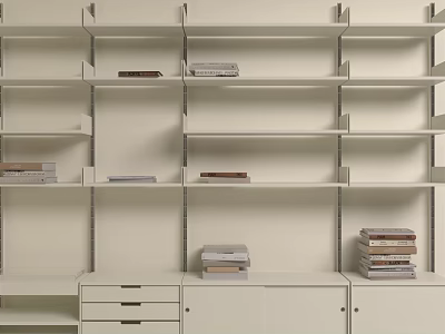 White Modern Shelving Unit With Multiple Shelves Storage Drawers And Stacked Books 3d model
