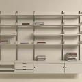 White Modern Shelving Unit With Multiple Shelves Storage Drawers And Stacked Books