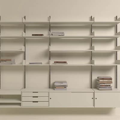 White Modern Shelving Unit With Multiple Shelves Storage Drawers And Stacked Books 3d model