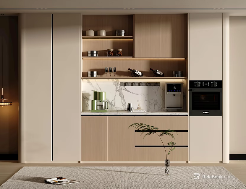 Modern Wine Cabinet Design With Wooden Doors Marble Countertop And Glassware Storage 3d model 