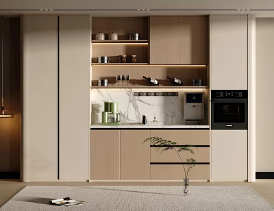 Modern Wine Cabinet Design With Wooden Doors Marble Countertop And Glassware Storage 3d model