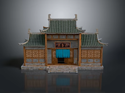 Traditional Chinese Architecture Featuring Green Tiled Roof Carved Wooden Structure Plaque and Steps 3d model