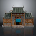 Traditional Chinese Architecture Featuring Green Tiled Roof Carved Wooden Structure Plaque and Steps