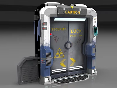 Security Gate with Security Lock Caution and Yellow Warning Triangles Radioactive Symbol at Ground Level 3d model