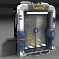 Security Gate with Security Lock Caution and Yellow Warning Triangles Radioactive Symbol at Ground Level
