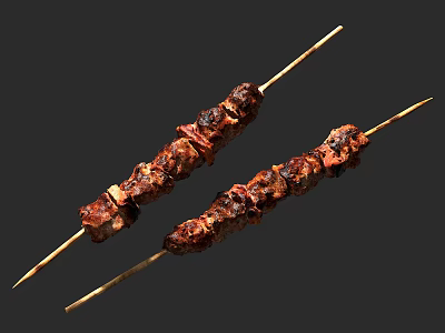 Juicy Grilled Meat Skewers with Bamboo Sticks and Charred Surface Appearance 3d model