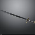 Decorative Medieval Sword With Intricate Carved Blade And Golden Hilt Design