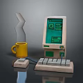 Retro Computer With Green Screen Keyboard And Yellow Mug On Desktop Setup 3d model