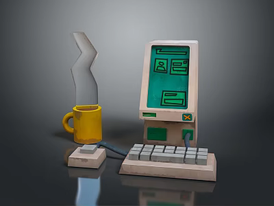 Retro Computer With Green Screen Keyboard And Yellow Mug On Desktop Setup 3d model