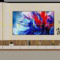 Modern TV Wall Design With Colorful Floral Artwork And Wooden Console Decor