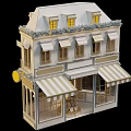 Christmas Decorated Shop Exterior Building With Striped Awning White Shutters And Festive Lights
