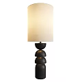 Black Wooden Base Table Lamp With Beige Fabric Shade And Stacked Round Design