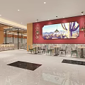 Modern Restaurant Dining Area With Wooden Ceiling Pendant Lights Tables And Colorful Chairs